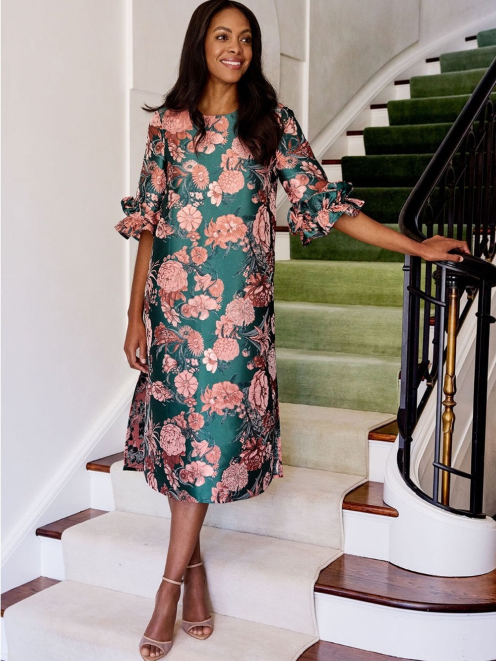 Teal Floral Midi Dress with Pink Bloom Print - Picture 5 of 7